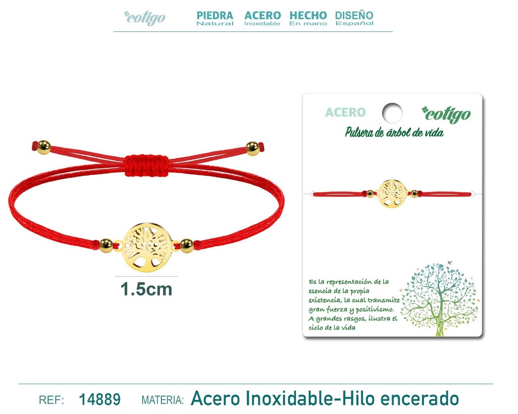 Pulsera de hilo encerado rojo con árbol de vida dorado - Joyería que representa la vida y el crecimiento