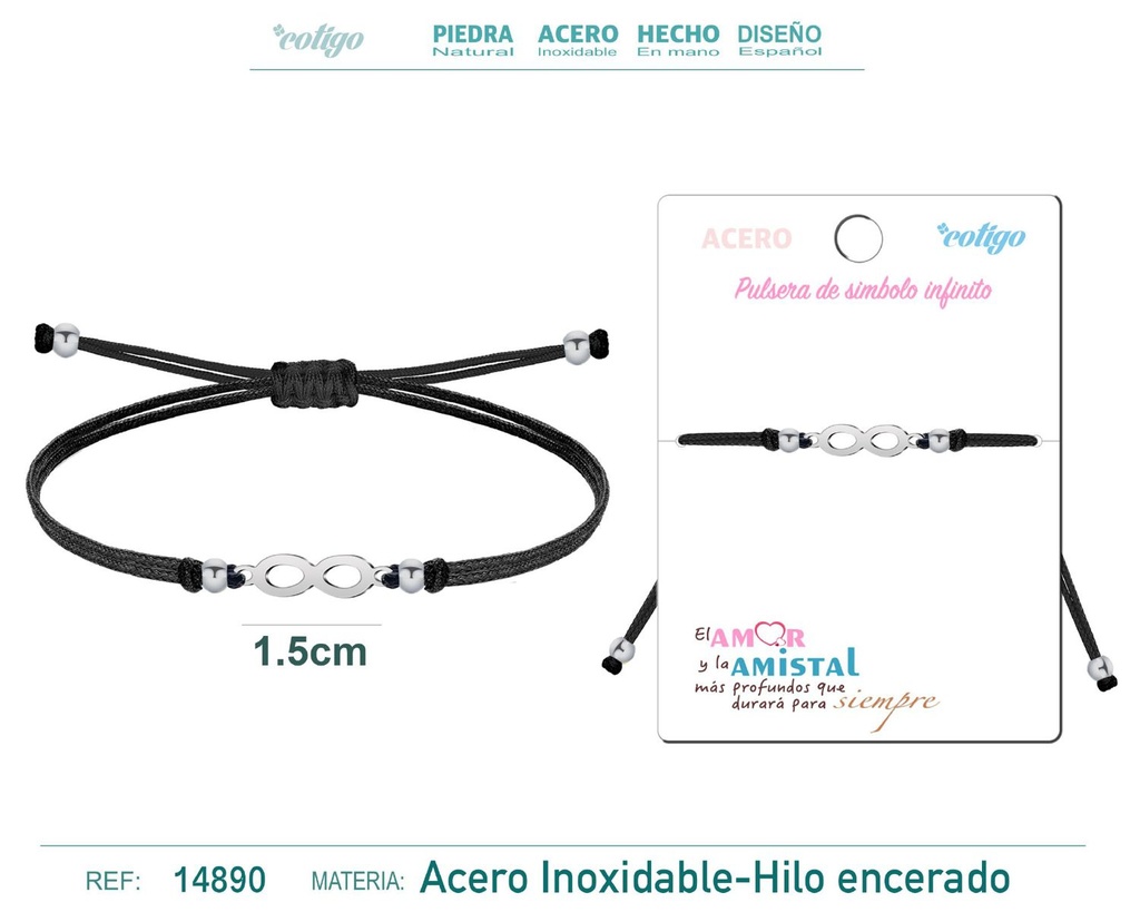 Pulsera de hilo encerado negro con símbolo infinito plateado - Accesorios que simbolizan la eternidad