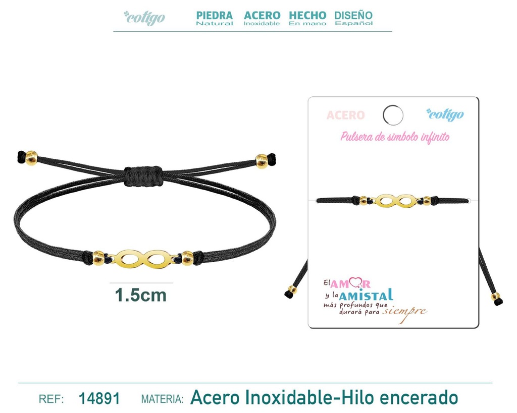 Pulsera de hilo encerado negro con símbolo infinito dorado - Joyería que representa amor y amistad