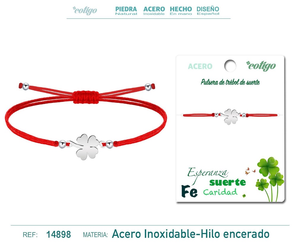 Pulsera de hilo encerado rojo con trébol de cuatro hojas plateado - Amuleto de la suerte y estilo