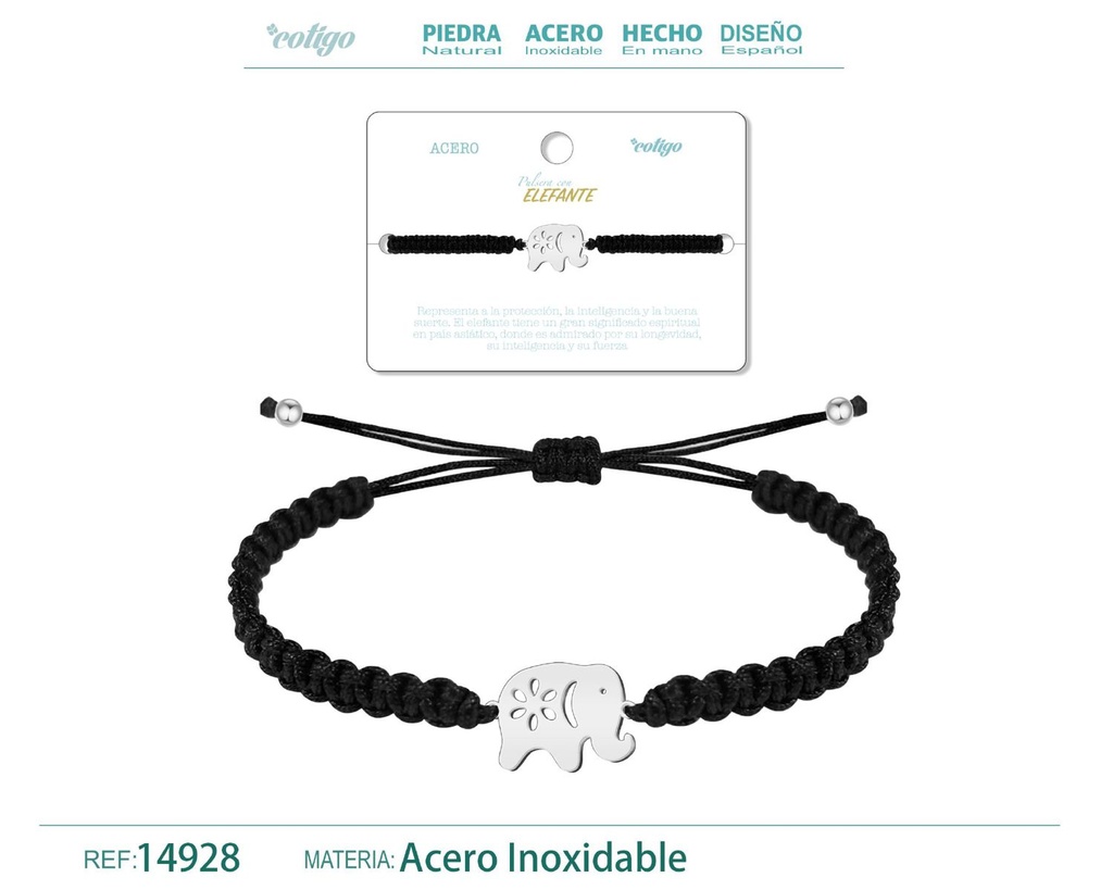 Pulsera de hilo destino con elefante acero plateado - Joyería que simboliza sabiduría y fuerza