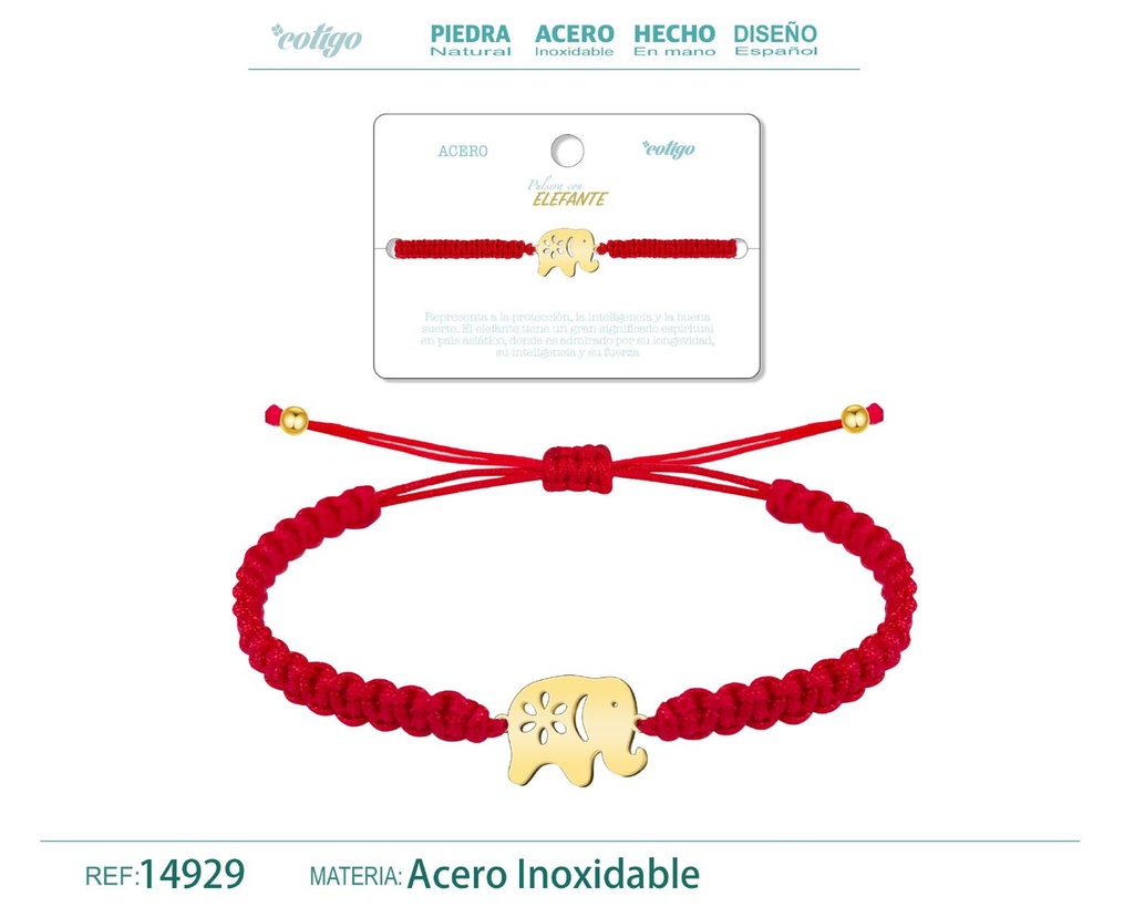 Pulsera de hilo destino con elefante acero dorado - Accesorios que representan la buena suerte