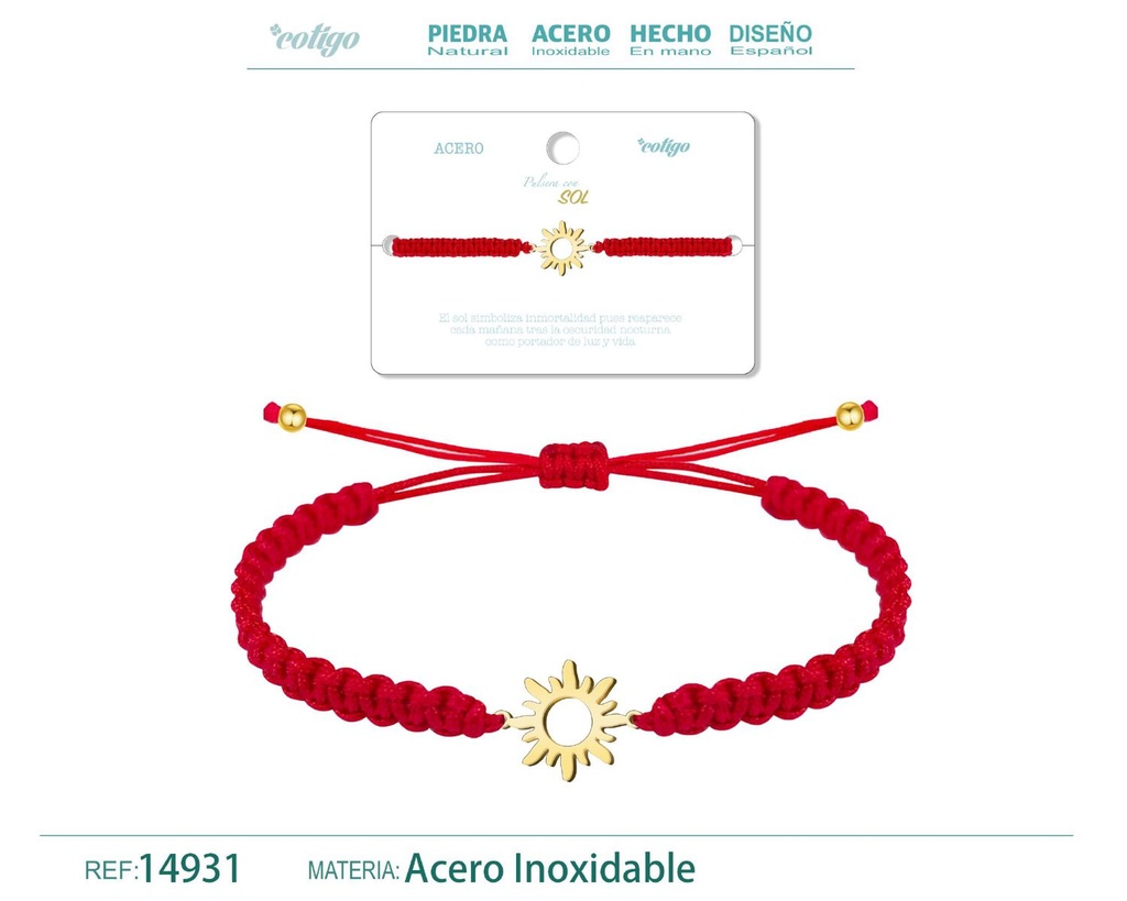 Pulsera de hilo destino con sol acero dorado - Accesorios que representan luz y calor