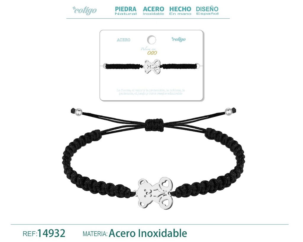 Pulsera de hilo destino con oso acero plateado - Joyería que simboliza fuerza y valentía