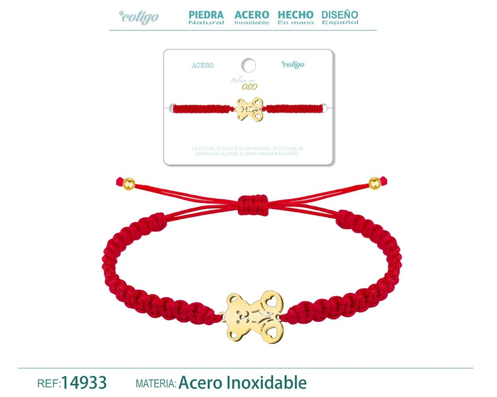 Pulsera de hilo destino con oso acero dorado - Accesorios que brindan protección