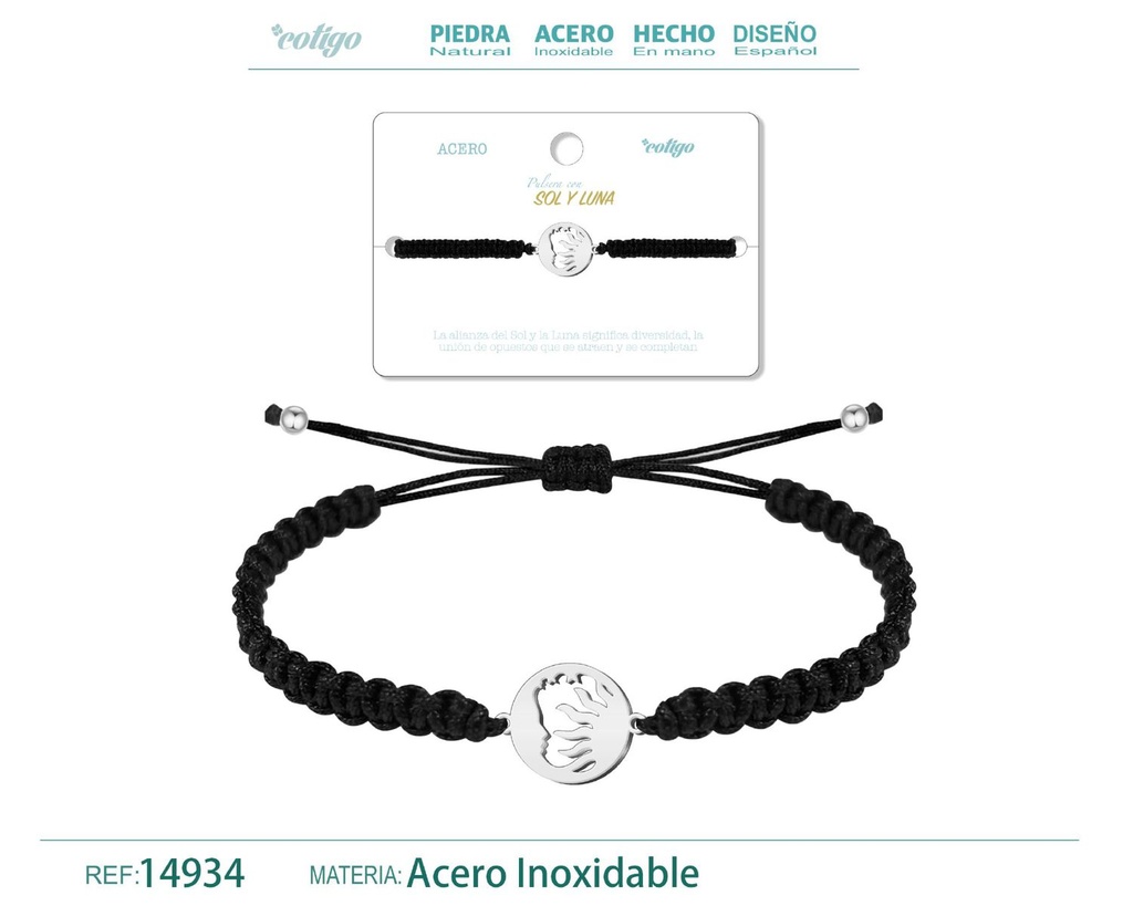 Pulsera de hilo destino con sol y luna acero plateado - Joyería que representa el equilibrio