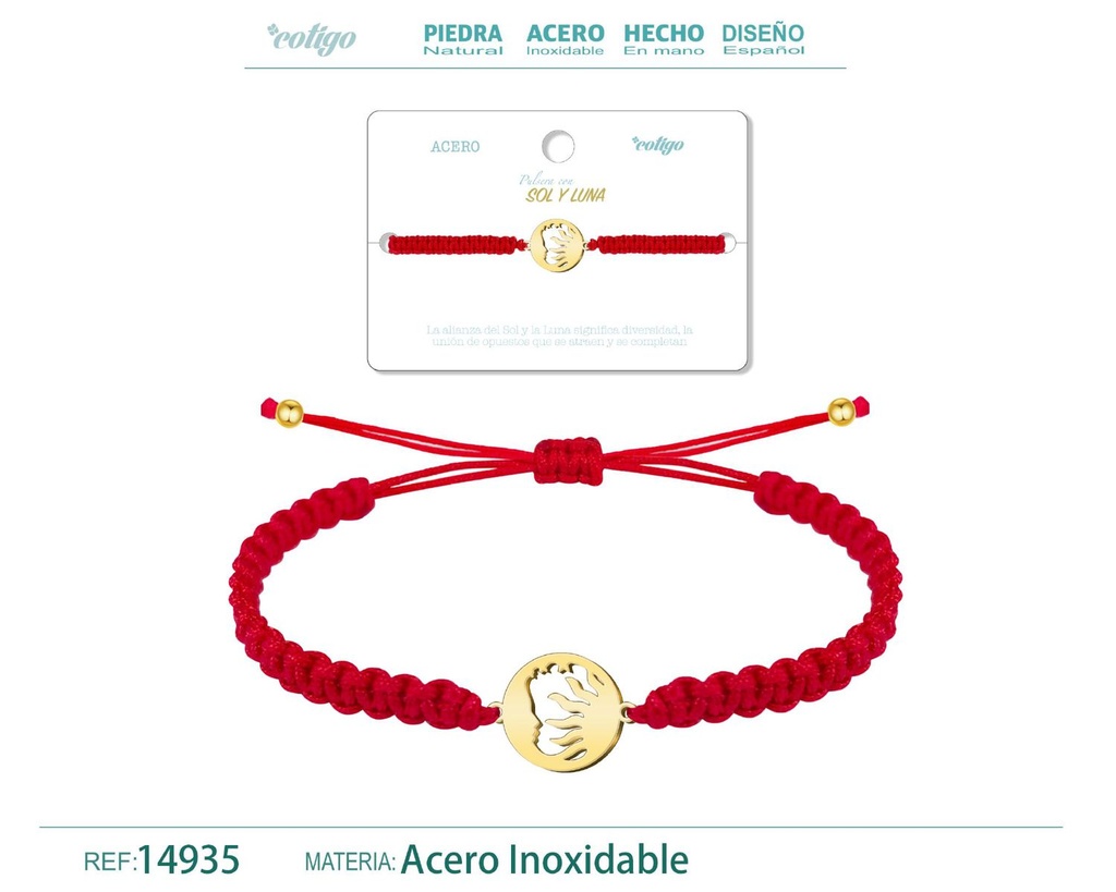 Pulsera de hilo destino con sol y luna acero dorado - Joyería que simboliza la unión