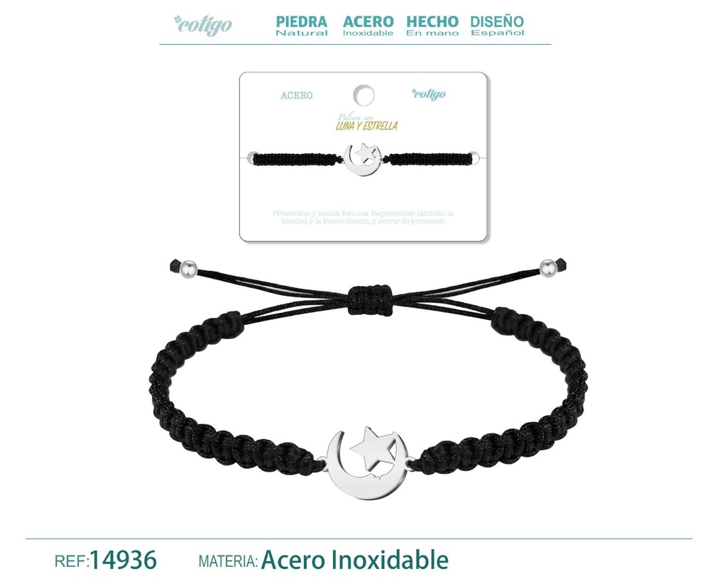 Pulsera de hilo destino con luna y estrella acero plateado - Accesorios cósmicos y místicos