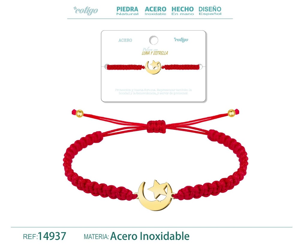 Pulsera de hilo destino con luna y estrella acero dorado - Joyería que recibe luz estelar