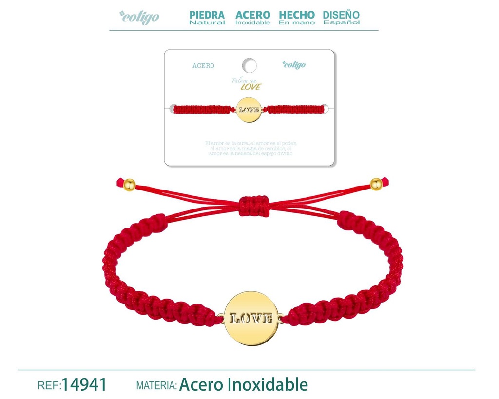 Pulsera de hilo destino con love acero dorado - Accesorios para momentos especiales