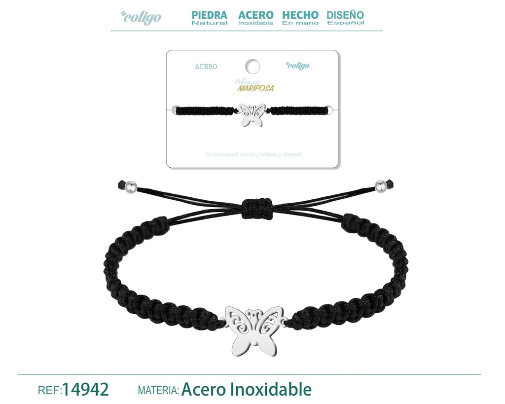 Pulsera de hilo destino con mariposa acero plateado - Joyería que simboliza cambio y belleza