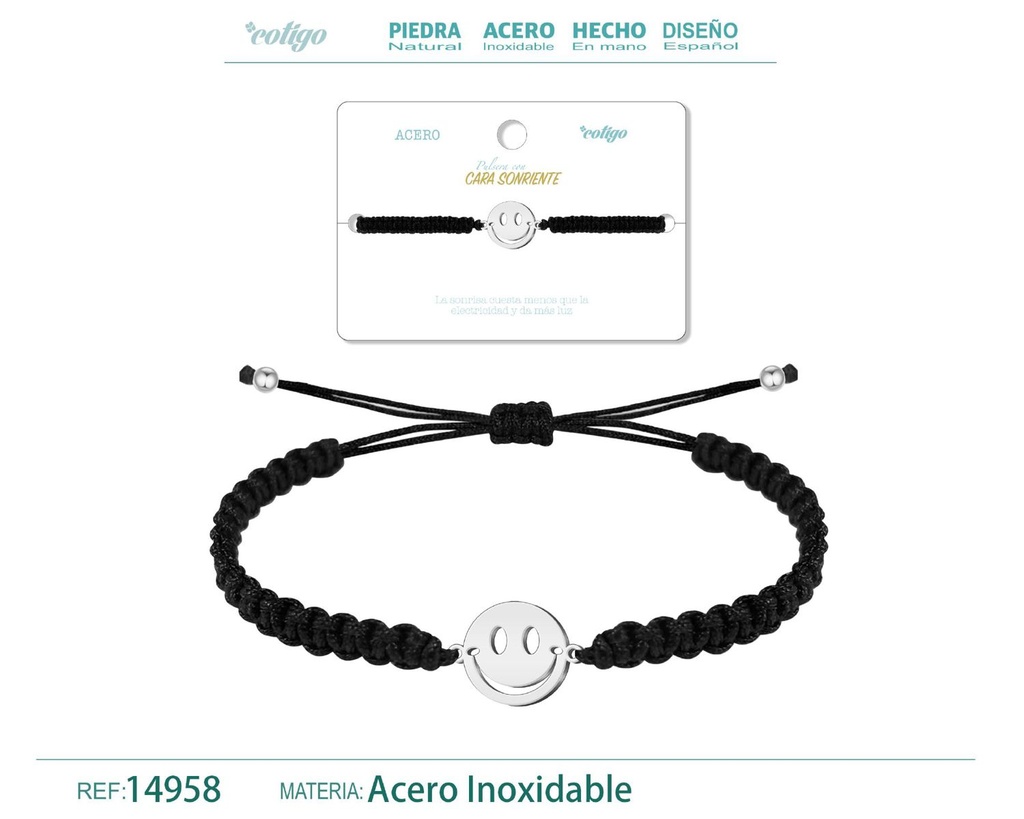 Pulsera de hilo destino con cara sonriente acero plateado - Joyería que irradia felicidad