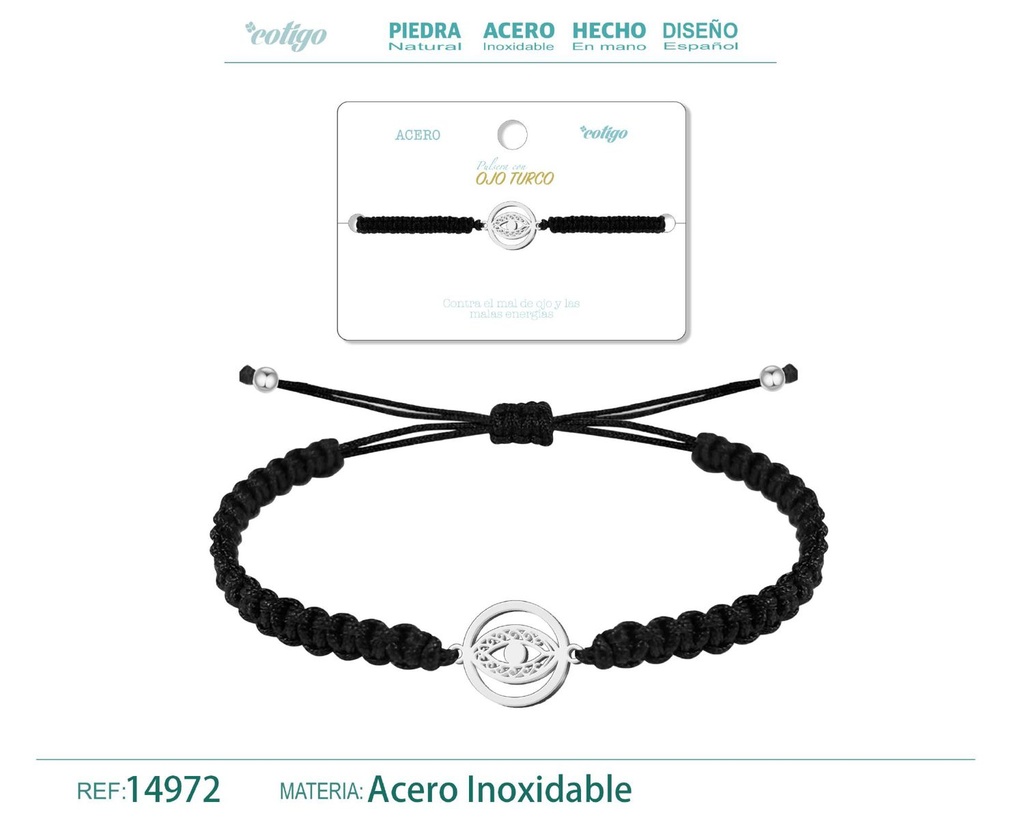 Pulsera de hilo destino con ojo turco acero plateado - Joyería de buena suerte y protección