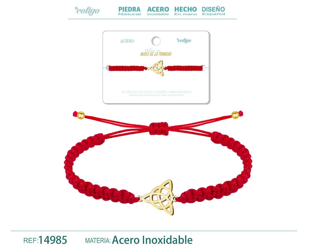 Pulsera de hilo destino con nudo de la Trinidad acero dorado - Accesorios que simbolizan la familia