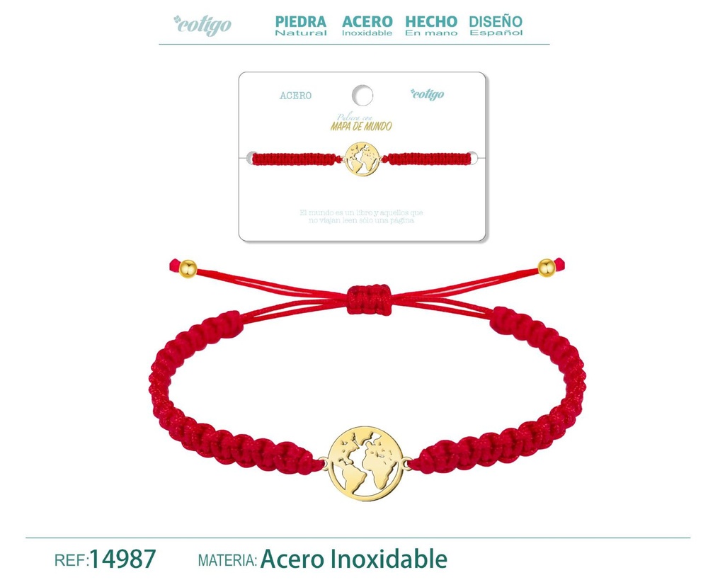 Pulsera de hilo destino con mapa de mundo acero dorado - Accesorios que inspiran el viaje