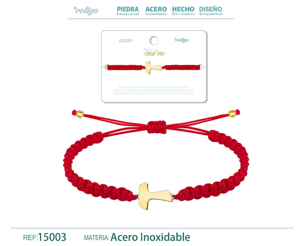 Pulsera de hilo destino con cruz tau acero dorado - Accesorios que simbolizan la libertad