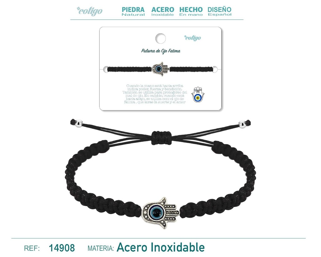 Pulsera de hilo trenzado negro con mano de Fátima - Joyería de protección cultural