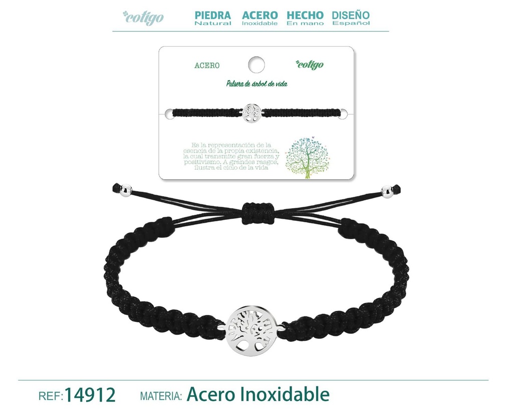 Pulsera de hilo trenzado negro con árbol de vida plateado - Joyería que representa conexión y vida