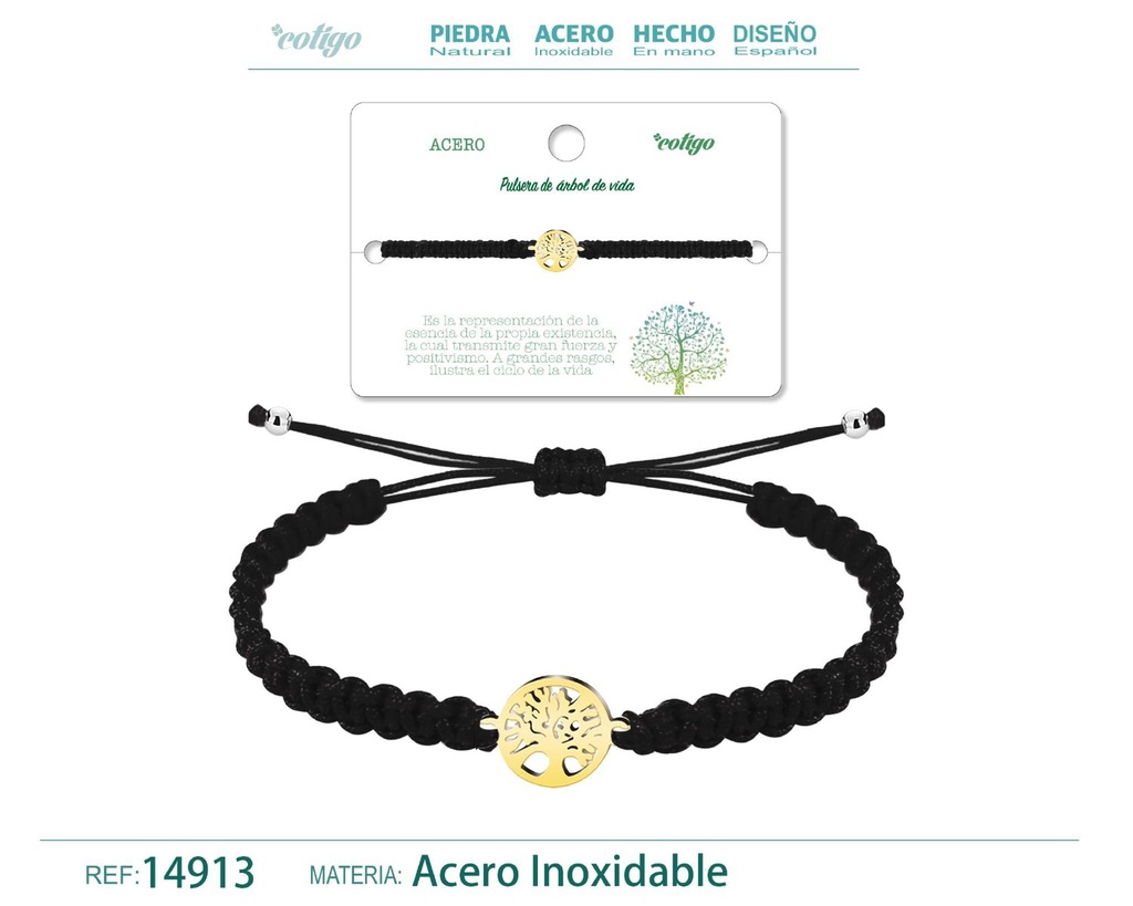 Pulsera de hilo trenzado negro con árbol de vida dorado - Accesorios que simbolizan crecimiento y vida