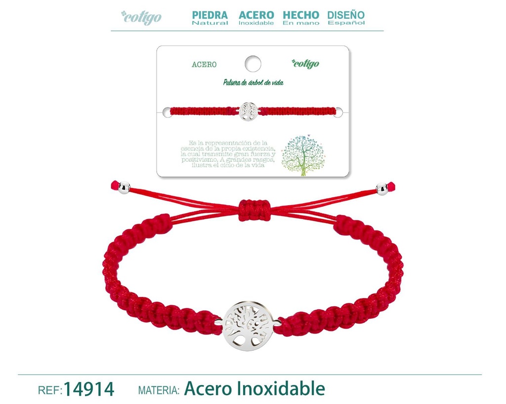 Pulsera de hilo trenzado rojo con árbol de vida plateado - Joyería que evoca conexión espiritual