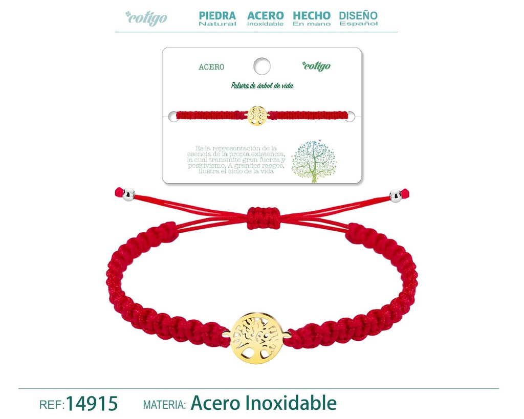 Pulsera de hilo trenzado rojo con árbol de vida dorado - Accesorios que significan vitalidad