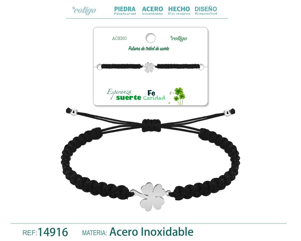 Pulsera de hilo trenzado negro con trébol de cuatro hojas plateado - Joyería que aporta buena suerte