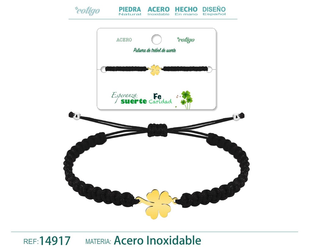 Pulsera de hilo trenzado negro con trébol de cuatro hojas dorado - Accesorios que evocan fortuna 