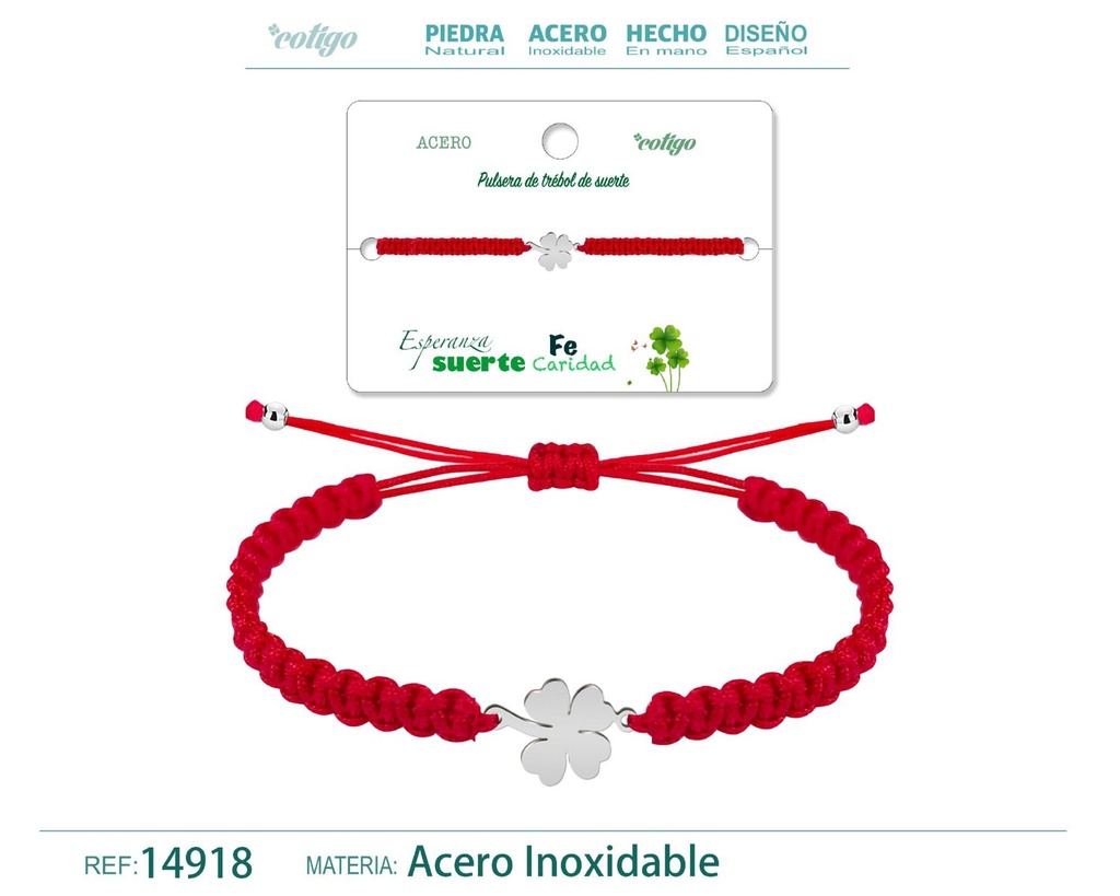 Pulsera de hilo trenzado rojo con trébol de cuatro hojas plateado - Joyería que simboliza esperanza