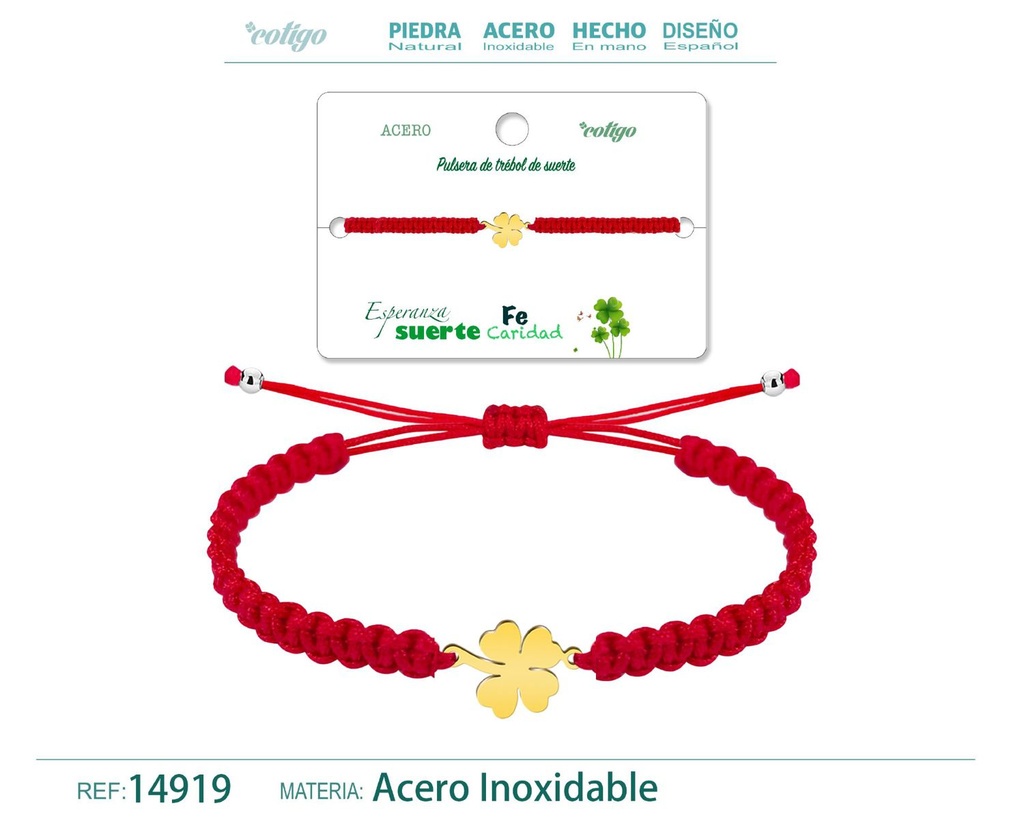 Pulsera de hilo trenzado rojo con trébol de cuatro hojas dorado - Accesorios que traen éxito