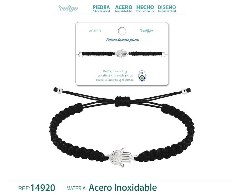 Pulsera de hilo trenzado negro con mano de Fátima plateado - Joyería que brinda protección y serenidad