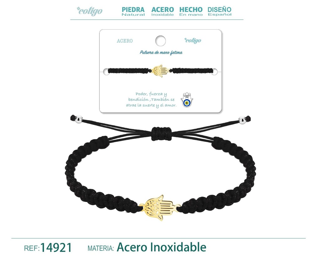 Pulsera de hilo trenzado negro con mano de Fátima dorado - Accesorios que ofrecen seguridad