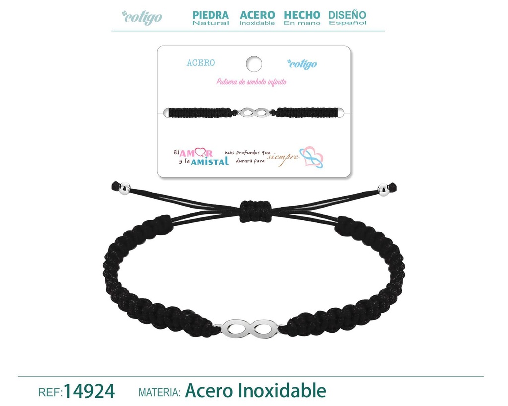 Pulsera de hilo trenzado negro con símbolo infinito plateado - Joyería que representa el amor eterno