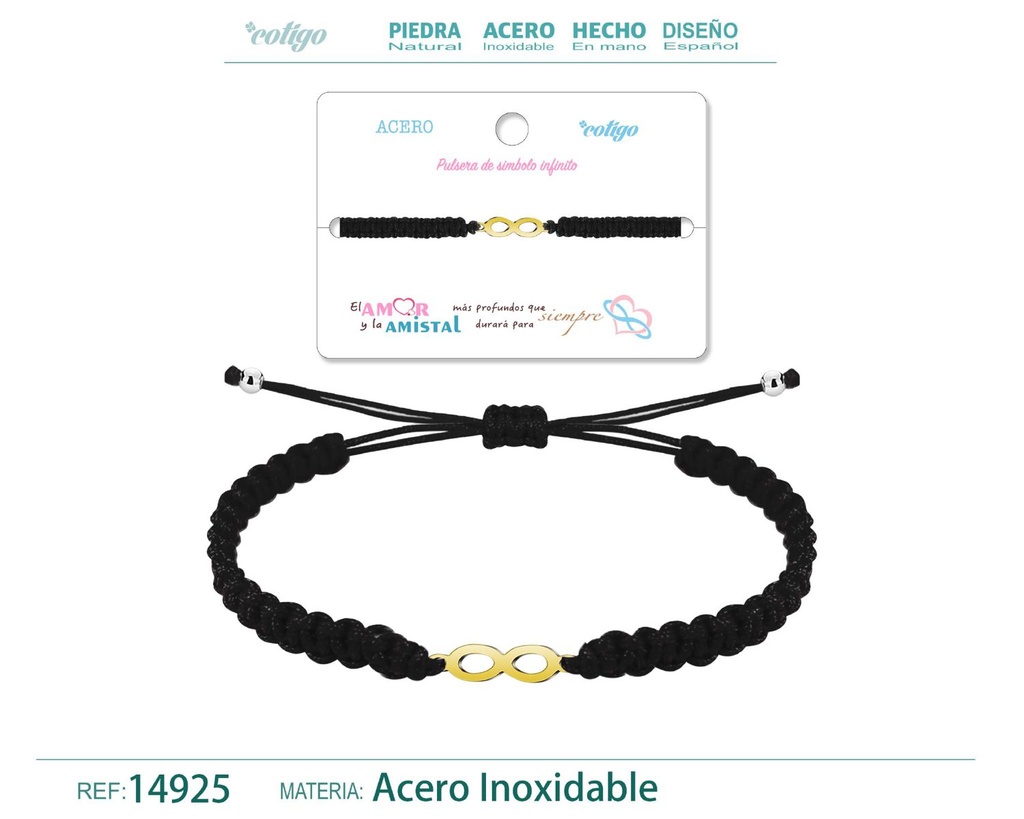 Pulsera de hilo trenzado negro con símbolo infinito dorado - Accesorios que simbolizan la perpetuidad