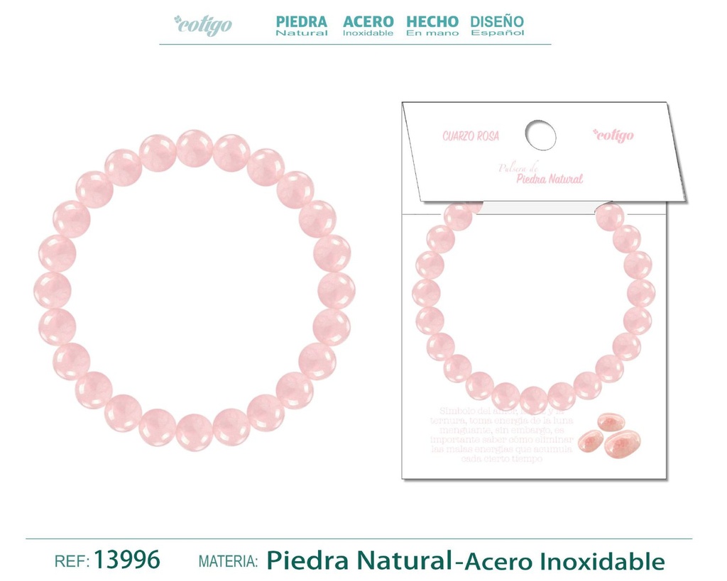 Pulsera de piedra Cuarzo rosa redonda 8mm - Joyería de minerales y accesorios