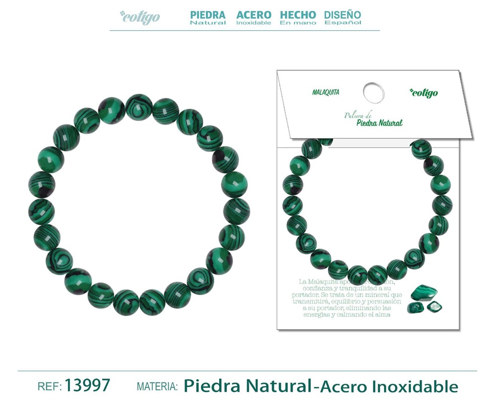 Pulsera de piedra Malaquita redonda 8mm - Joyería de minerales y accesorios