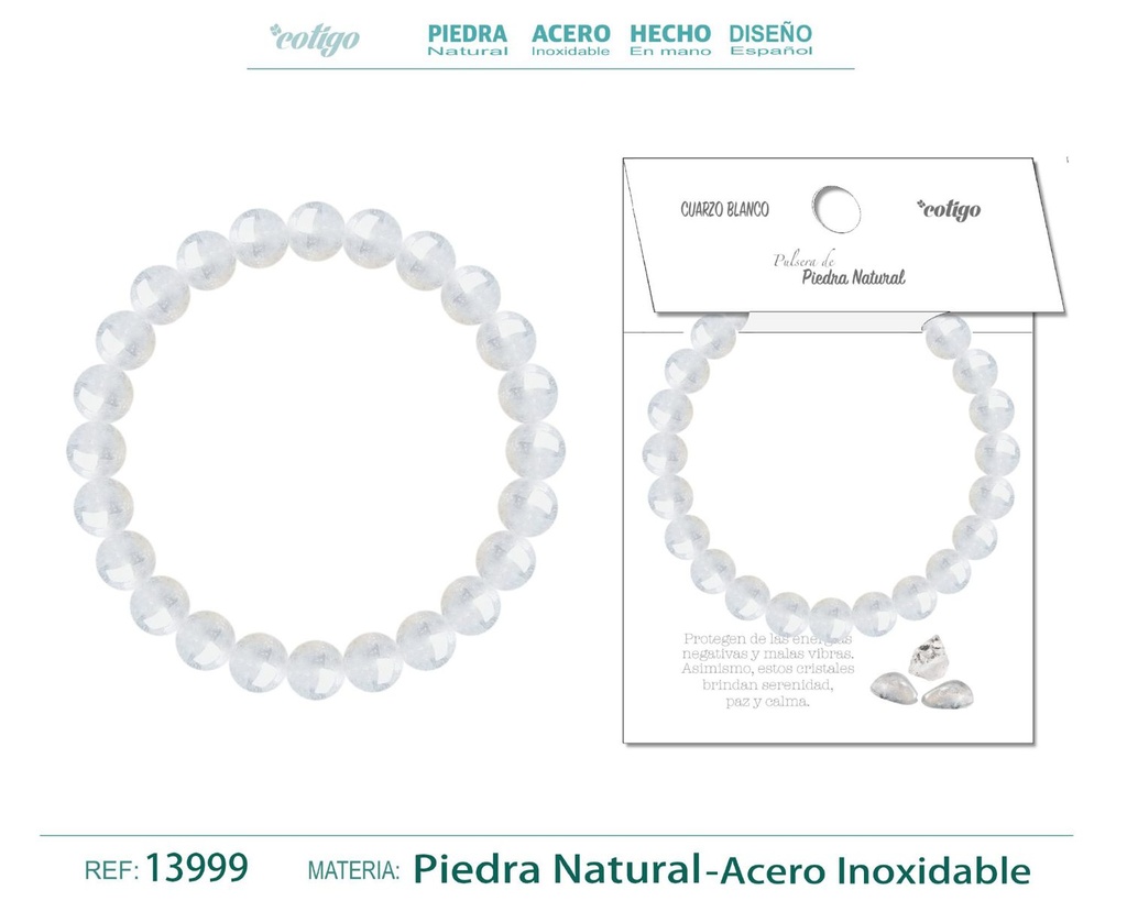 Pulsera de piedra Cuarzo blanco redonda 8mm - Joyería de minerales y accesorios