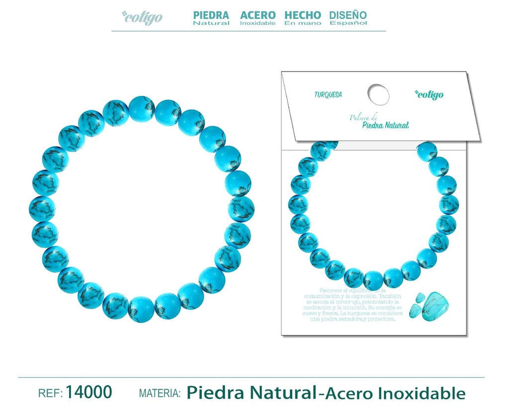 Pulsera de piedra Turquesa azul redonda 8mm - Joyería de minerales y accesorios