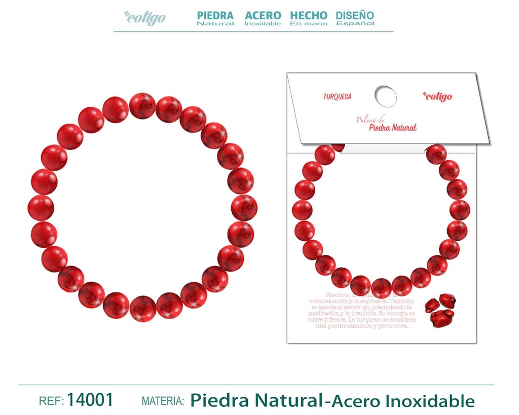 Pulsera de piedra Turquesa roja redonda 8mm - Joyería de minerales y accesorios