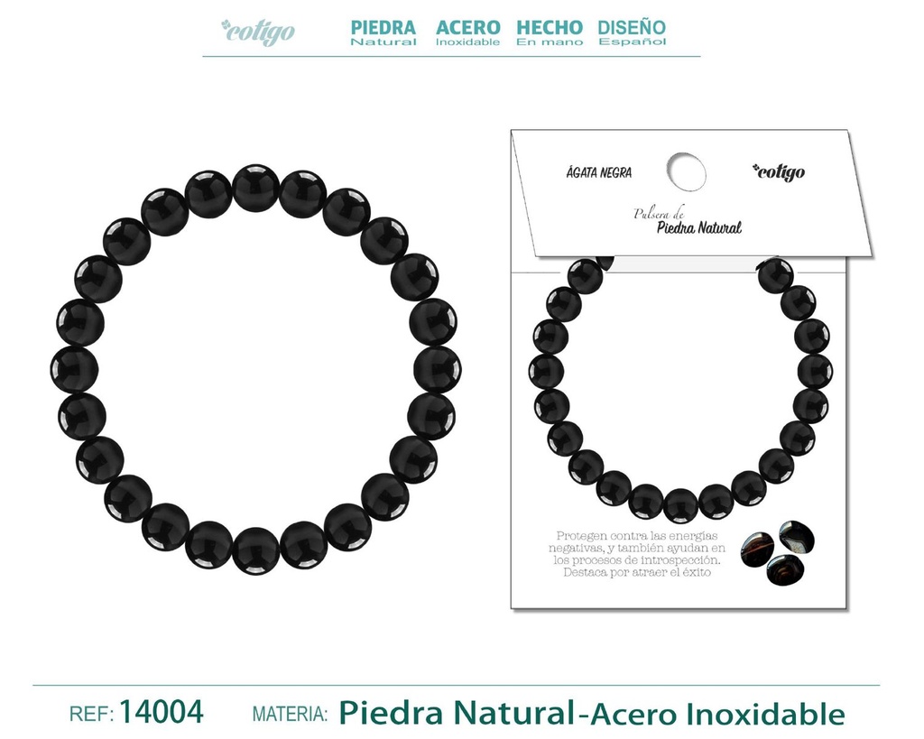 Pulsera de piedra Ágata negra redonda 8mm - Joyería de minerales y accesorios