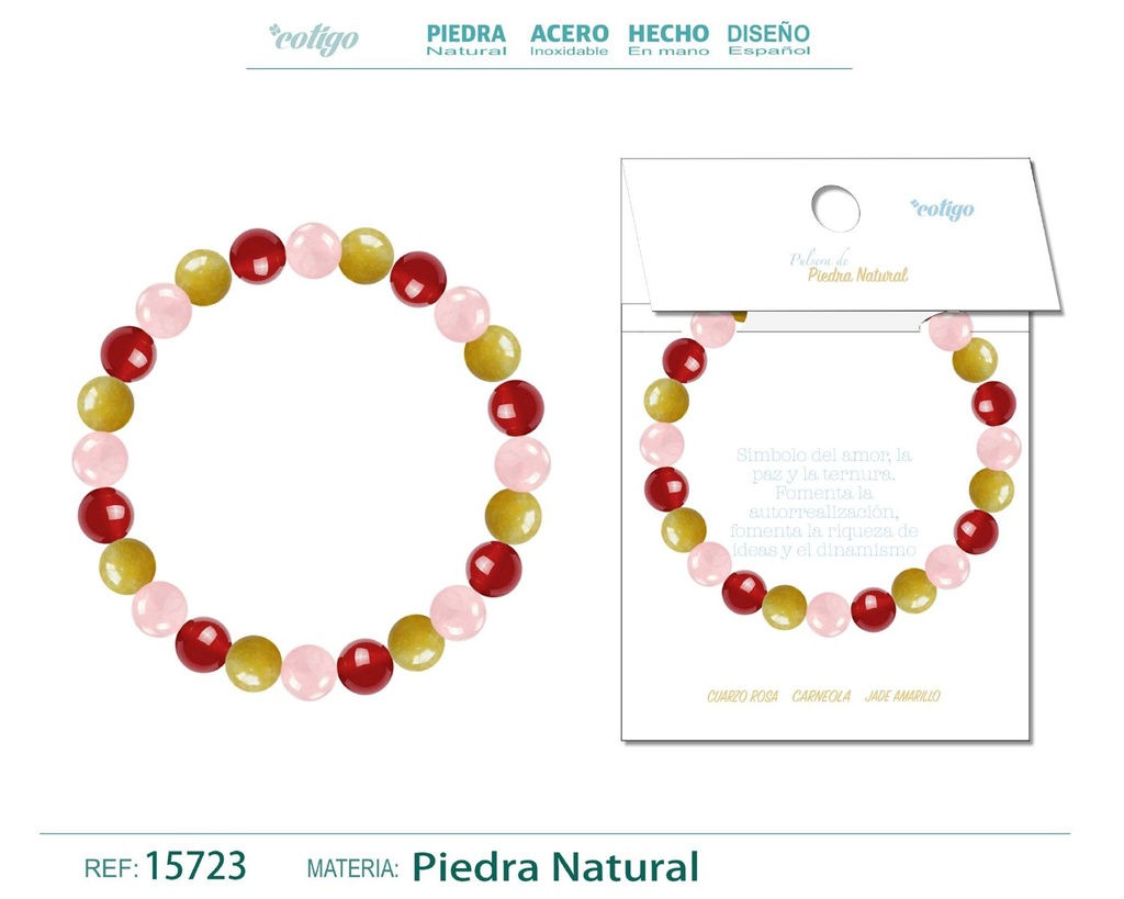 Pulsera de piedra Carneola + Jade amarillo + Cuarzo rosa - Joyería de minerales y accesorios