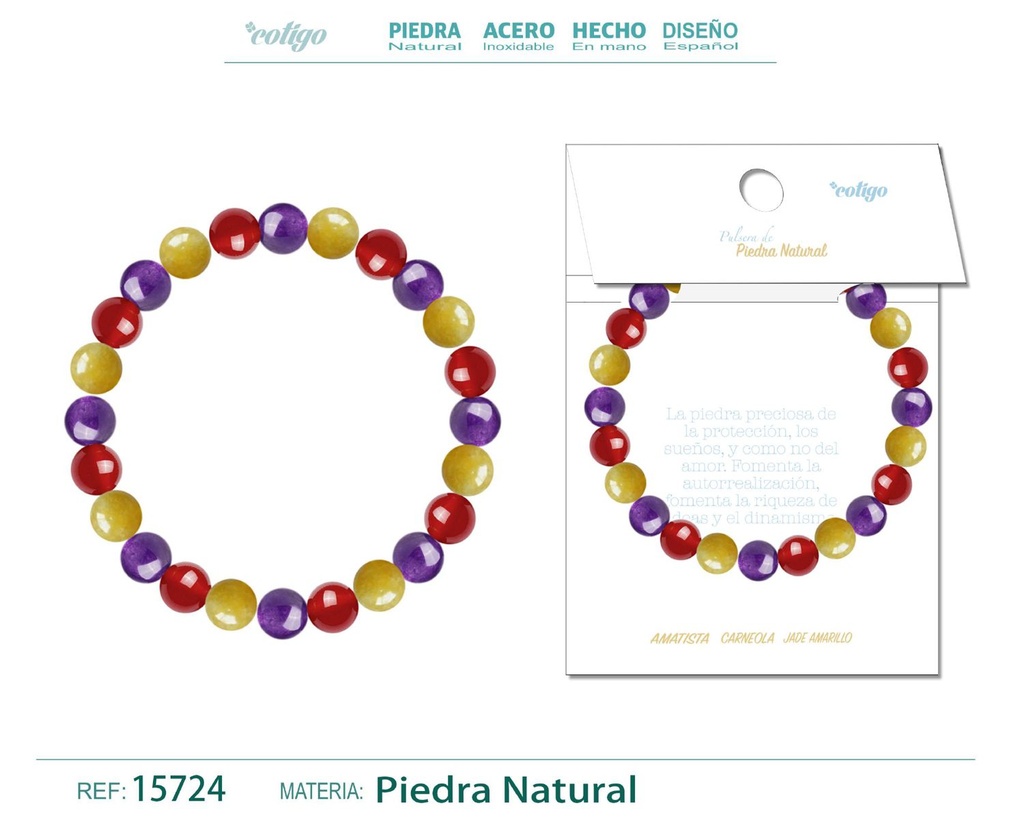 Pulsera de piedra Carneola + Jade amarillo + Amatista - Joyería de minerales y accesorios