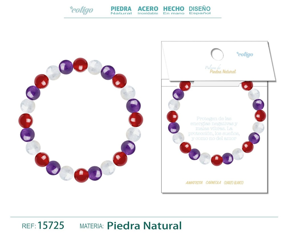 Pulsera de piedra Carneola + Amatista + Cuarzo blanco - Joyería de minerales y accesorios