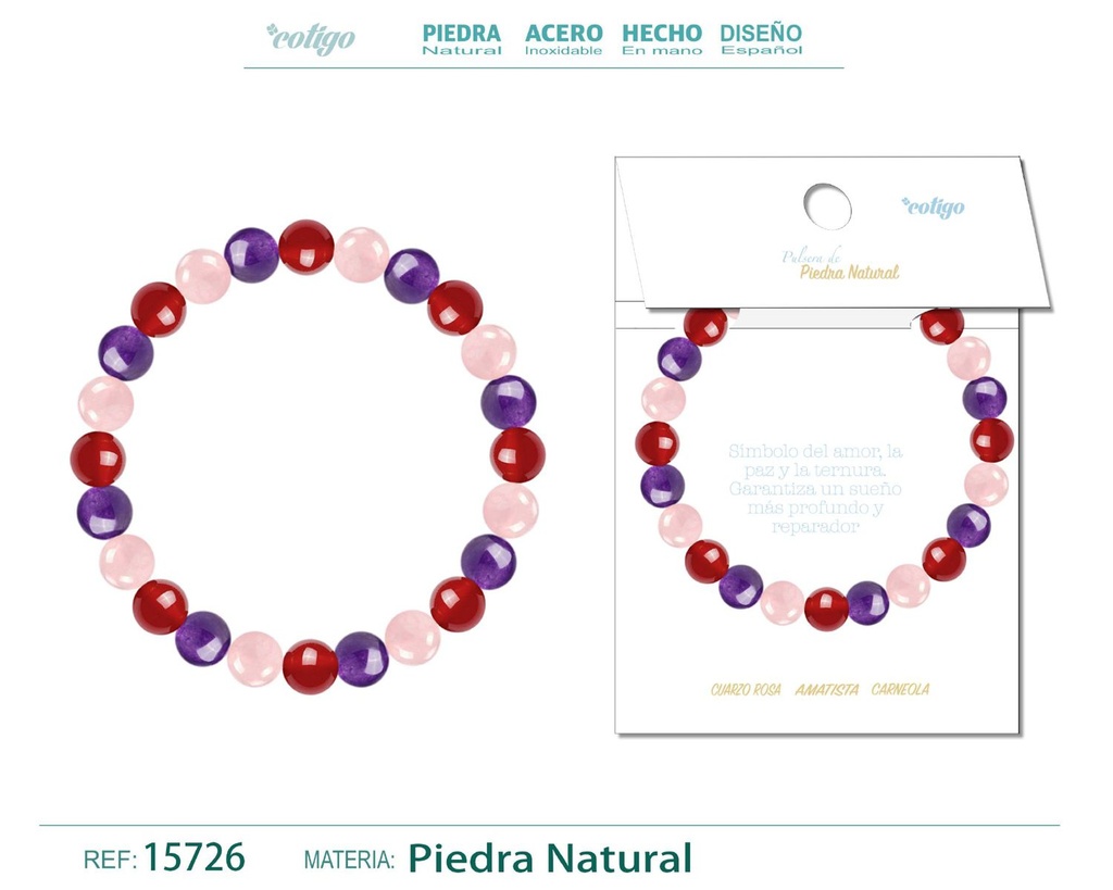 Pulsera de piedra Carneola + Amatista + Cuarzo rosa - Joyería de minerales y accesorios