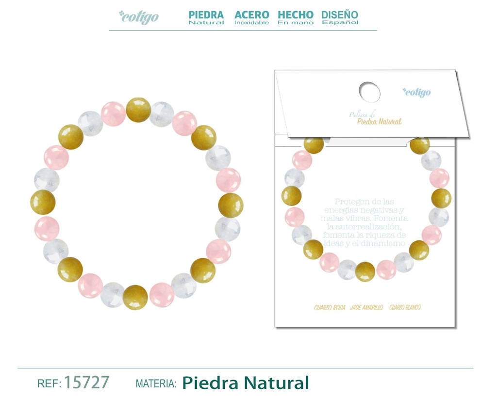 Pulsera de piedra Jade amarillo + Cuarzo rosa + Cuarzo blanco - Joyería de minerales y accesorios