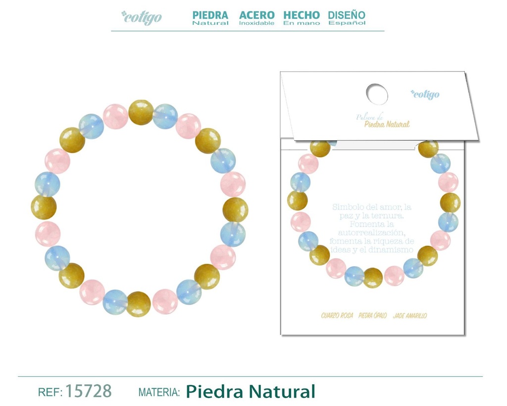 Pulsera de piedra Jade amarillo + Cuarzo rosa + Opalina - Joyería de minerales y accesorios