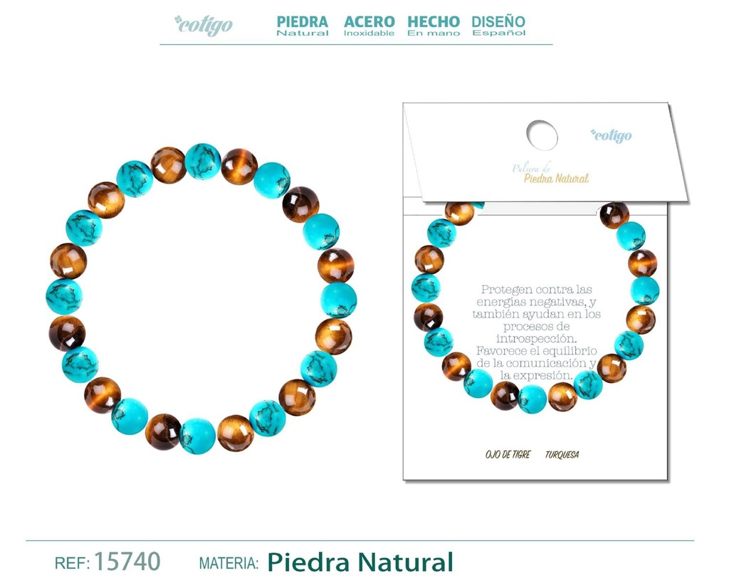 Pulsera de piedra Ojo de tigre + Turquesa - Joyería de minerales y accesorios