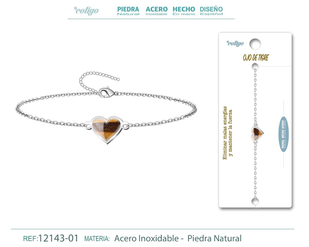 Pulsera corazón con Ojo de tigre - Plateada - Joyería de minerales y accesorios