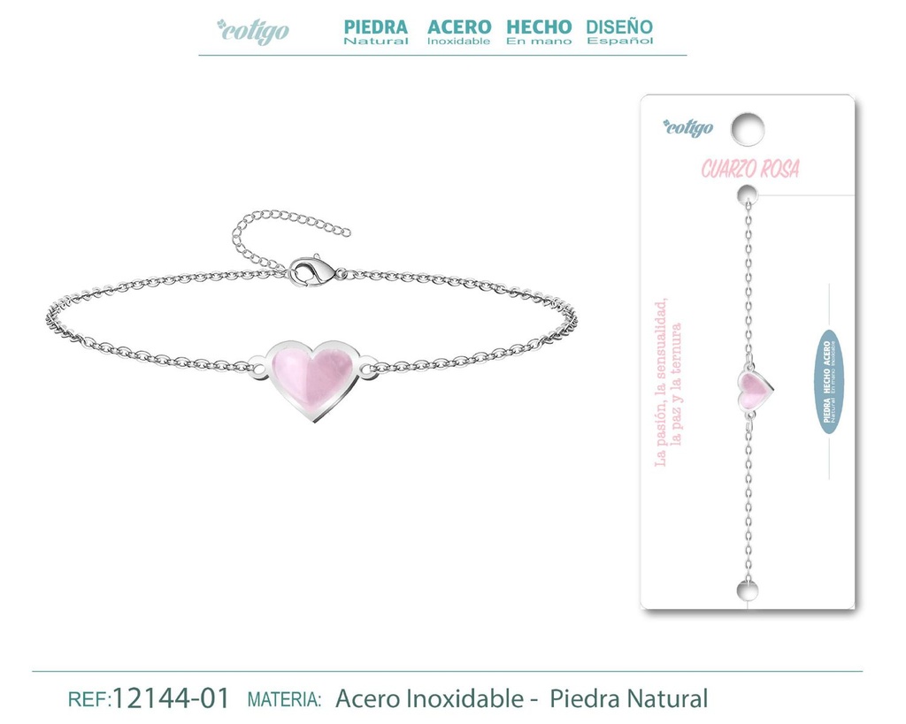 Pulsera corazón con Cuarzo rosa - Plateada - Joyería de minerales y accesorios