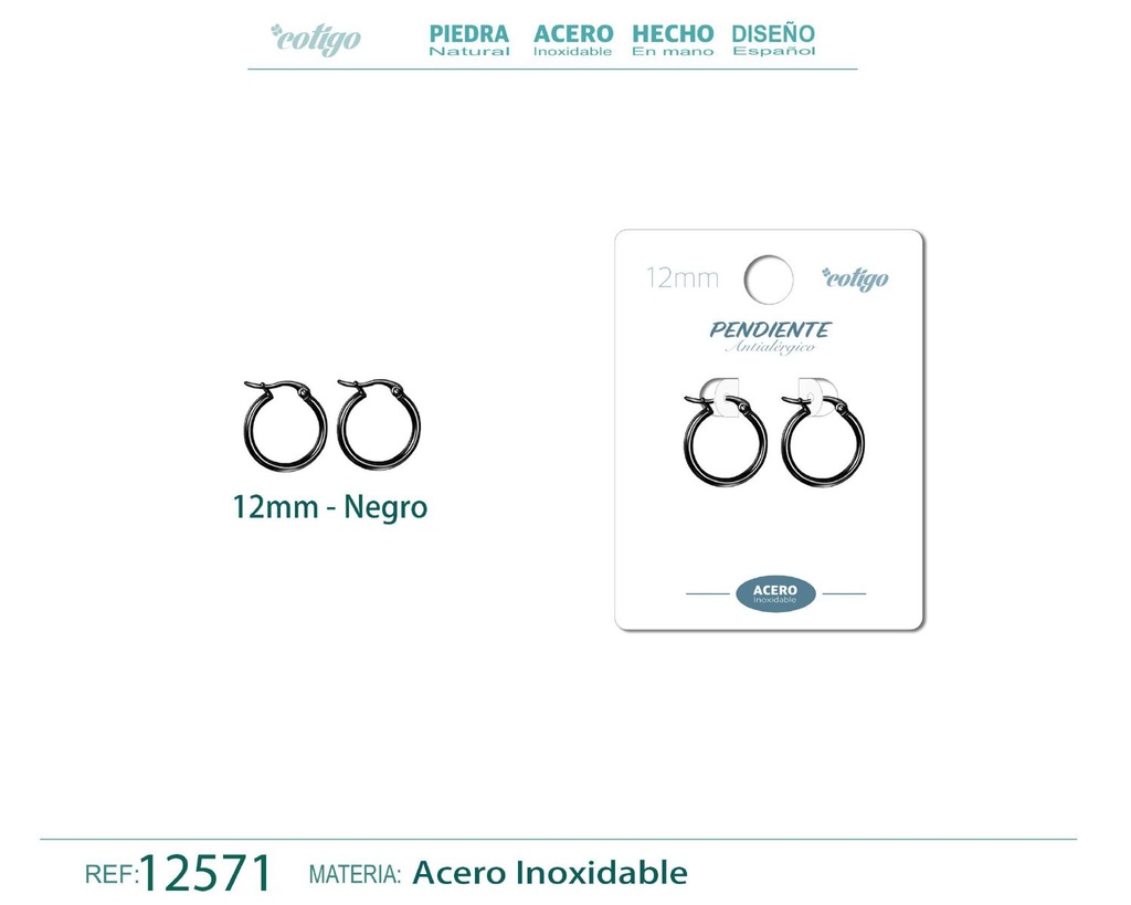 Pendiente aro de acero - 12mm color negro - Joyería de acero inoxidable