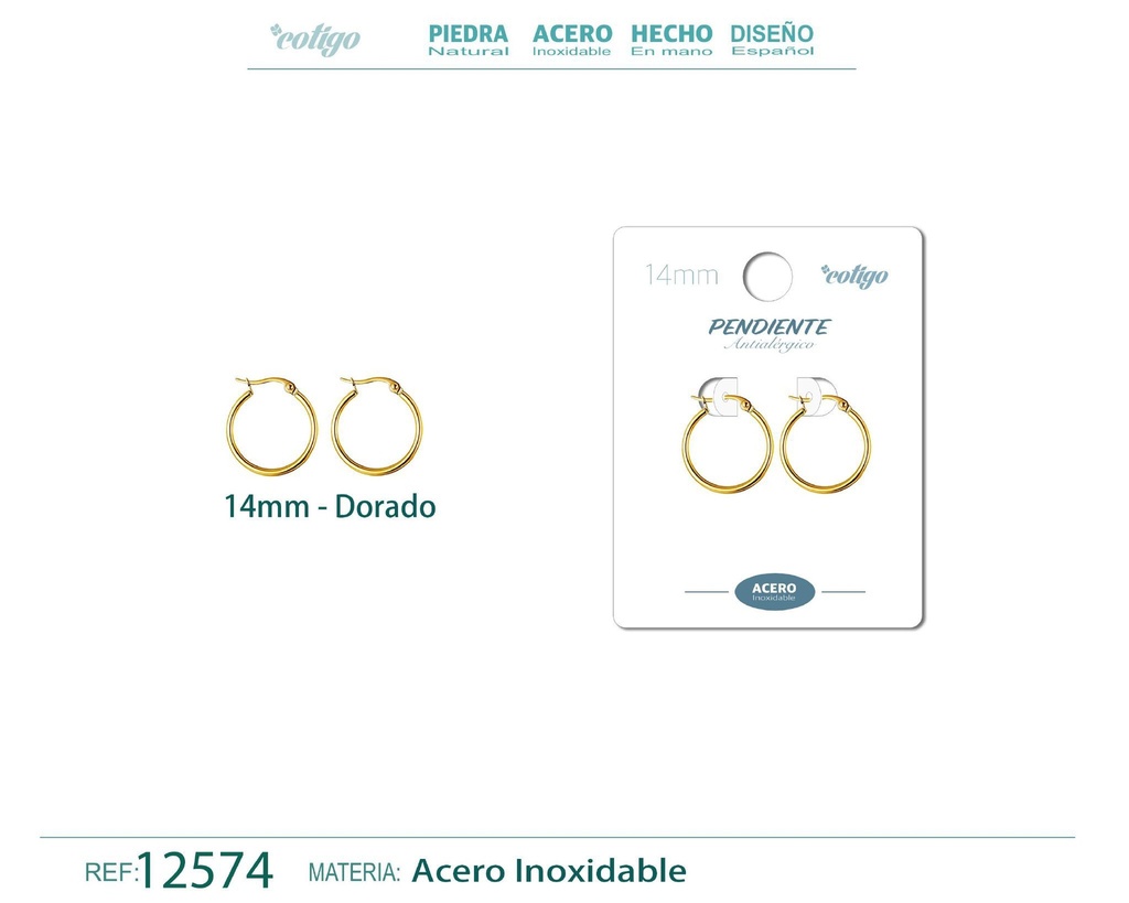 Pendiente aro de acero dorado de 14 mm - Joyería de acero